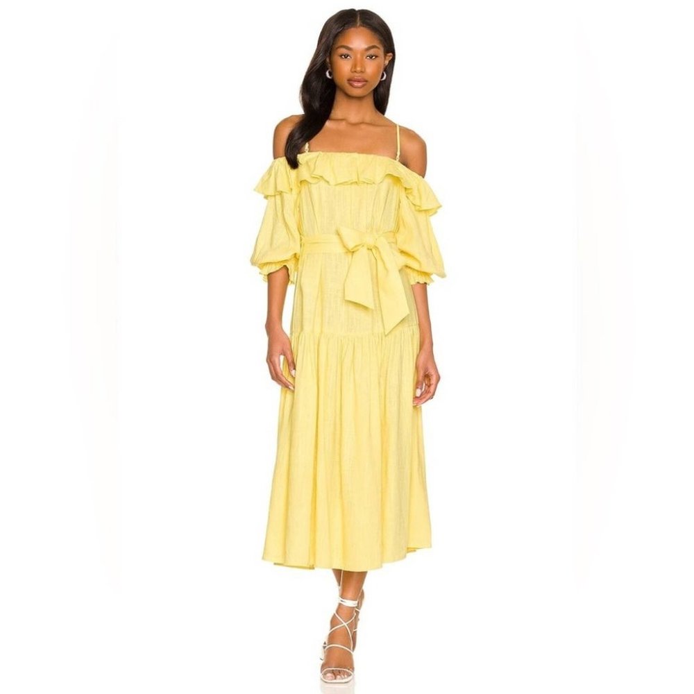 NWT Elliatt Revolve yellow linen blend Beatrice off shoulder dress - Picture 1 of 7